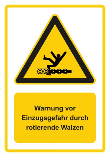 Schild Warnzeichen Piktogramm & Text deutsch · Warnung vor Einzugsgefahr durch rotierende Walzen · gelb | selbstklebend