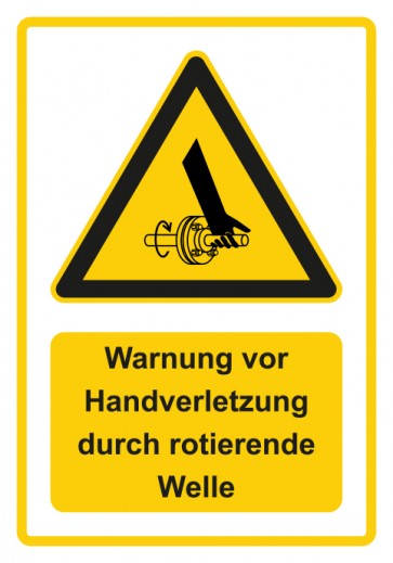 Schild Warnzeichen Piktogramm & Text deutsch · Warnung vor Handverletzung durch rotierende Welle · gelb | selbstklebend