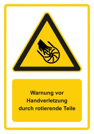 Aufkleber Warnzeichen Piktogramm & Text deutsch · Warnung vor Handverletzung durch rotierende Teile · gelb | stark haftend