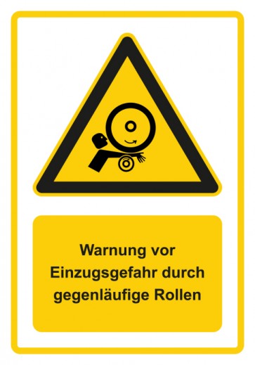 Schild Warnzeichen Piktogramm & Text deutsch · Warnung vor Einzugsgefahr durch gegenläufige Rollen · gelb