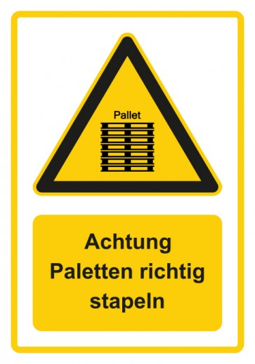 Magnetschild Warnzeichen Piktogramm & Text deutsch · Hinweiszeichen Achtung, Paletten richtig stapeln · gelb