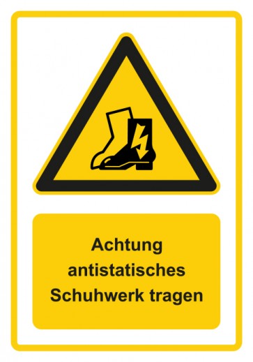 Aufkleber Warnzeichen Piktogramm & Text deutsch · Hinweiszeichen Achtung, antistatisches Schuhwerk tragen · gelb