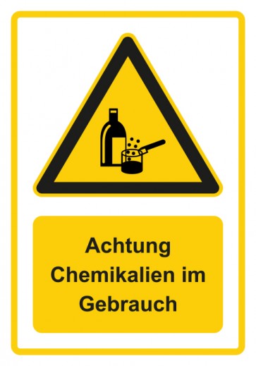 Schild Warnzeichen Piktogramm & Text deutsch · Hinweiszeichen Achtung Chemikalien im Gebrauch · gelb | selbstklebend