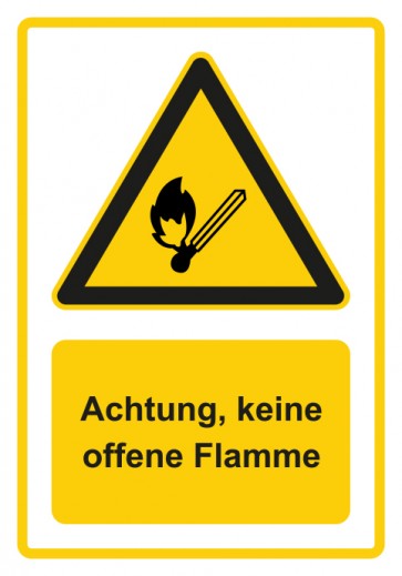 Schild Warnzeichen Piktogramm & Text deutsch · Hinweiszeichen Achtung, keine offene Flamme · gelb | selbstklebend