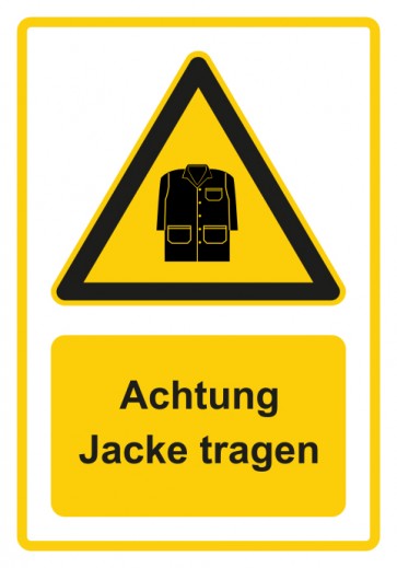 Schild Warnzeichen Piktogramm & Text deutsch · Hinweiszeichen Achtung, Jacke tragen · gelb