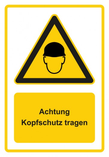Schild Warnzeichen Piktogramm & Text deutsch · Hinweiszeichen Achtung Kopfschutz tragen · gelb
