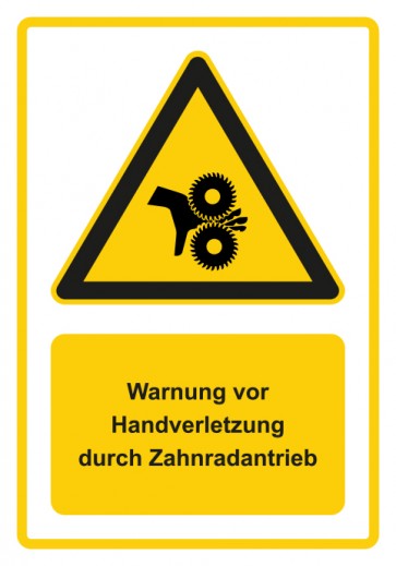 Aufkleber Warnzeichen Piktogramm & Text deutsch · Warnung vor Handverletzung durch Zahnradantrieb · gelb