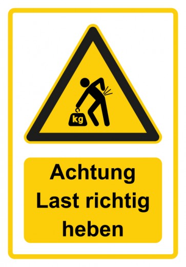 Schild Warnzeichen Piktogramm & Text deutsch · Hinweiszeichen Achtung, Last richtig heben · gelb | selbstklebend
