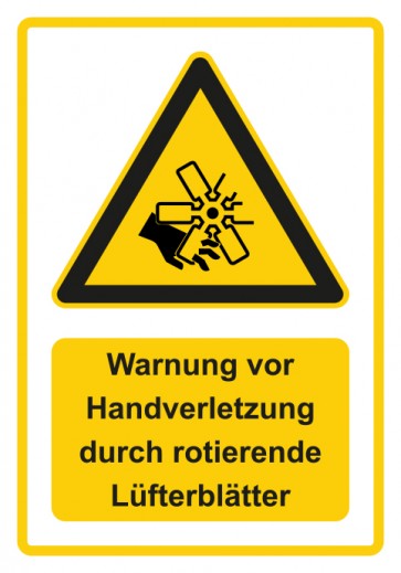 Schild Warnzeichen Piktogramm & Text deutsch · Warnung vor Handverletzung durch rotierende Lüfterblätter · gelb