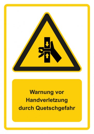 Schild Warnzeichen Piktogramm & Text deutsch · Warnung vor Handverletzung durch Quetschgefahr · gelb