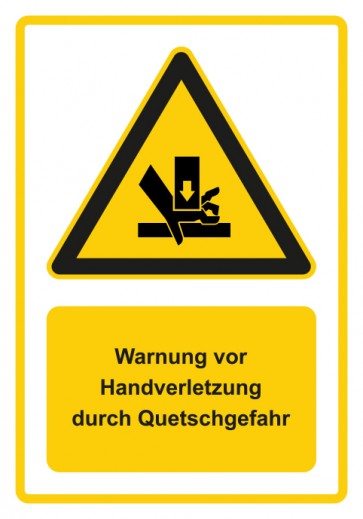 Schild Warnzeichen Piktogramm & Text deutsch · Warnung vor Handverletzung durch Quetschgefahr · gelb