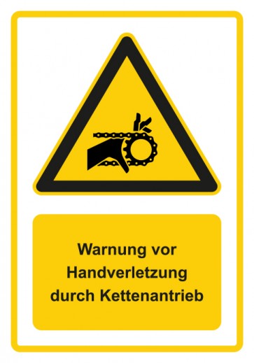 Magnetschild Warnzeichen Piktogramm & Text deutsch · Warnung vor Handverletzung durch Kettenantrieb · gelb