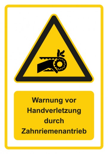 Schild Warnzeichen Piktogramm & Text deutsch · Warnung vor Handverletzung durch Zahnriemenantrieb · gelb | selbstklebend