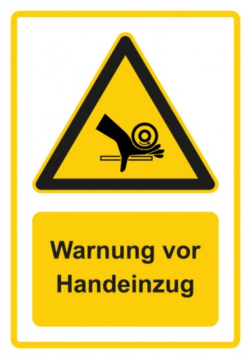 Schild Warnzeichen Piktogramm & Text deutsch · Warnung vor Handeinzug · gelb