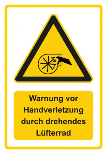 Schild Warnzeichen Piktogramm & Text deutsch · Warnung vor Handverletzung durch drehendes Lüfterrad · gelb | selbstklebend