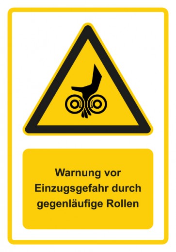 Aufkleber Warnzeichen Piktogramm & Text deutsch · Warnung vor Einzugsgefahr durch gegenläufige Rollen · gelb | stark haftend