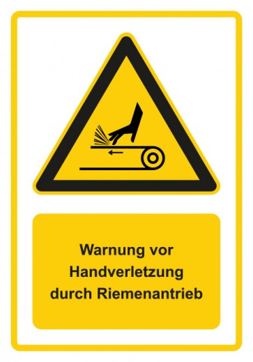 Schild Warnzeichen Piktogramm & Text deutsch · Warnung vor Handverletzung durch Riemenantrieb · gelb