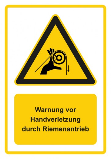 Schild Warnzeichen Piktogramm & Text deutsch · Warnung vor Handverletzung durch Riemenantrieb · gelb | selbstklebend