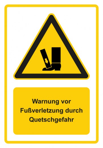 Schild Warnzeichen Piktogramm & Text deutsch · Warnung vor Fußverletzung durch Quetschgefahr · gelb
