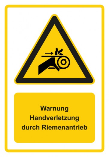 Schild Warnzeichen Piktogramm & Text deutsch · Warnung Handverletzung durch Riemenantrieb · gelb