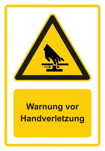 Aufkleber Warnzeichen Piktogramm & Text deutsch · Warnung vor Handverletzung · gelb
