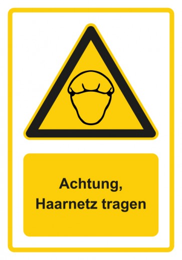 Schild Warnzeichen Piktogramm & Text deutsch · Hinweiszeichen Achtung, Haarnetz tragen · gelb