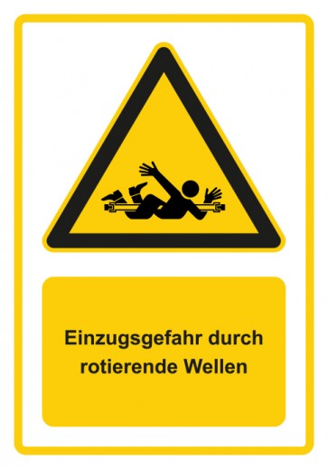 Schild Warnzeichen Piktogramm & Text deutsch · Einzugsgefahr durch rotierende Wellen · gelb