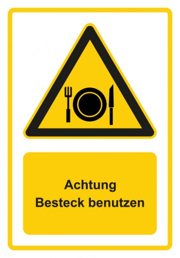 Aufkleber Warnzeichen Piktogramm & Text deutsch · Hinweiszeichen Achtung, Besteck benutzen · gelb | stark haftend
