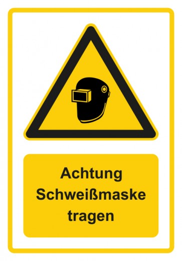 Schild Warnzeichen Piktogramm & Text deutsch · Hinweiszeichen Achtung, Schweißmaske tragen · gelb | selbstklebend