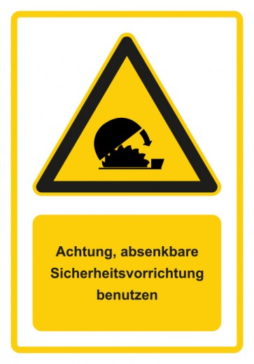 Aufkleber Warnzeichen Piktogramm & Text deutsch · Hinweiszeichen Achtung, absenkbare Sicherheitsvorrichtung benutzen · gelb