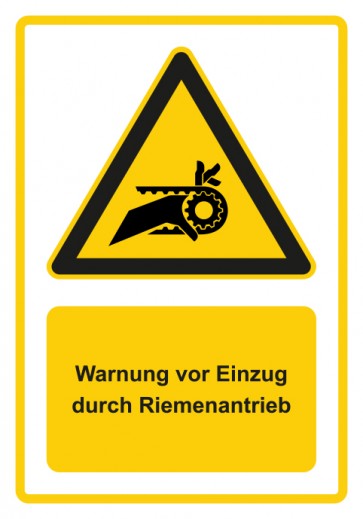 Schild Warnzeichen Piktogramm & Text deutsch · Warnung vor Einzug durch Riemenantrieb · gelb
