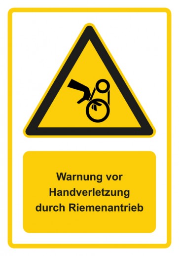 Aufkleber Warnzeichen Piktogramm & Text deutsch · Warnung vor Handverletzung durch Riemenantrieb · gelb