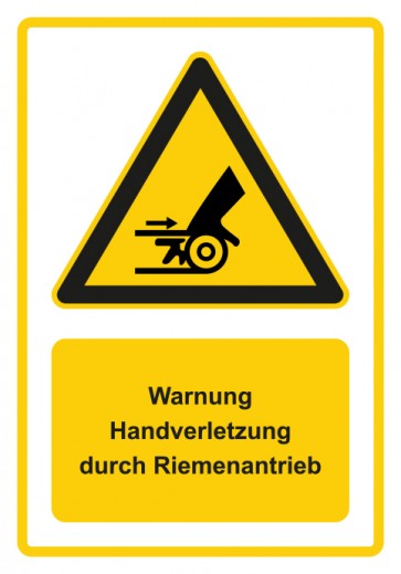 Magnetschild Warnzeichen Piktogramm & Text deutsch · Warnung Handverletzung durch Riemenantrieb · gelb