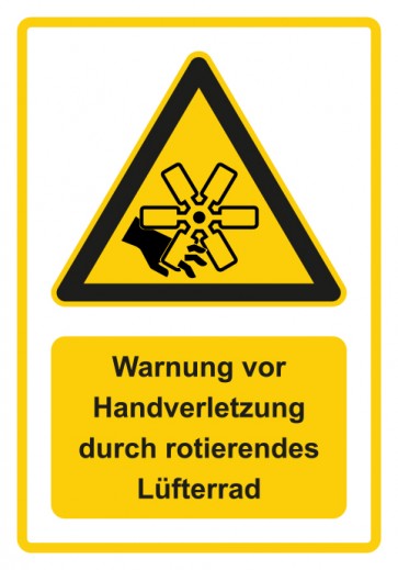 Aufkleber Warnzeichen Piktogramm & Text deutsch · Warnung vor Handverletzung durch rotierendes Lüfterrad · gelb | stark haftend