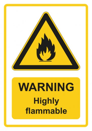 Schild Warnzeichen Piktogramm & Text englisch · Warning · Highly flammable · gelb | selbstklebend
