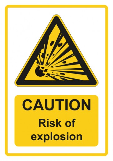 Schild Warnzeichen Piktogramm & Text englisch · Caution · Risk of explosion · gelb | selbstklebend
