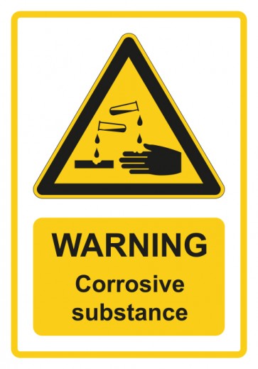 Schild Warnzeichen Piktogramm & Text englisch · Warning · Corrosive substance · gelb | selbstklebend