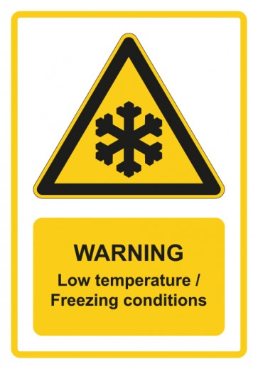 Schild Warnzeichen Piktogramm & Text englisch · Warning · Low temperature / Freezing conditions · gelb