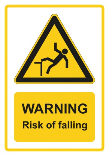 Schild Warnzeichen Piktogramm & Text englisch · Warning · Risk of falling · gelb