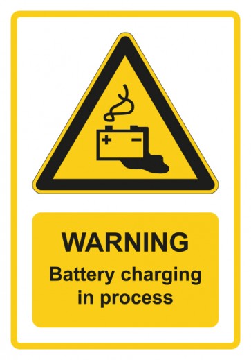 Schild Warnzeichen Piktogramm & Text englisch · Warning · Battery charging in process · gelb