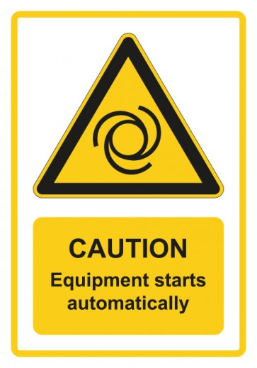 Magnetschild Warnzeichen Piktogramm & Text englisch · Caution · Equipment starts automatically · gelb