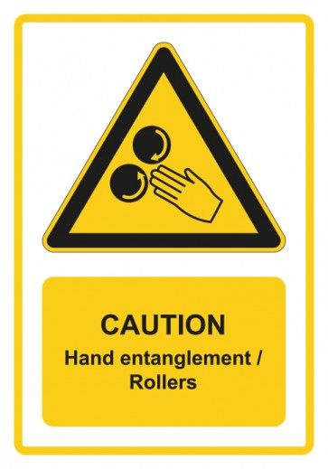Schild Warnzeichen Piktogramm & Text englisch · Caution · Hand entanglement / Rollers · gelb