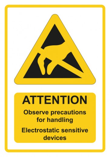 Aufkleber Warnzeichen Piktogramm & Text englisch · Attention · Observe precautions / Electrostatic sensitive devices · gelb
