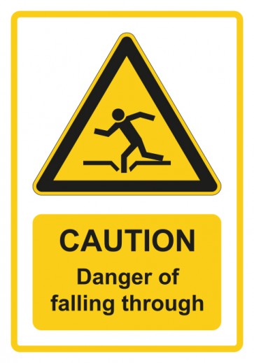 Aufkleber Warnzeichen Piktogramm & Text englisch · Caution · Danger of falling through · gelb