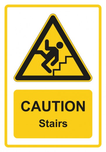 Schild Warnzeichen Piktogramm & Text englisch · Caution · Stairs · gelb