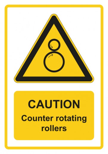Aufkleber Warnzeichen Piktogramm & Text englisch · Caution · Counter rotating rollers · gelb
