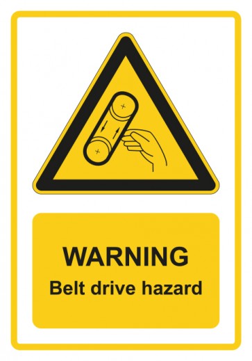 Schild Warnzeichen Piktogramm & Text englisch · Warning · Belt drive hazard · gelb