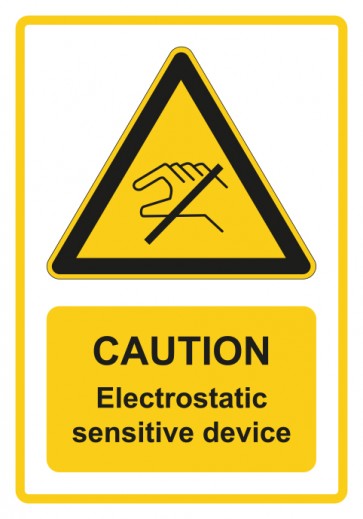 Schild Warnzeichen Piktogramm & Text englisch · Caution · Electrostatic sensitive device · gelb