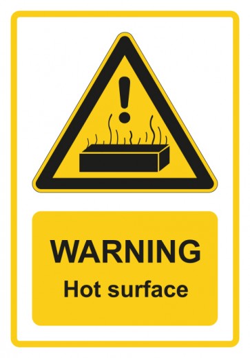 Schild Warnzeichen Piktogramm & Text englisch · Warning · Hot surface · gelb | selbstklebend