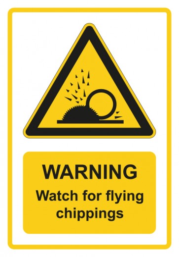 Schild Warnzeichen Piktogramm & Text englisch · Warning · Watch for flying chippings · gelb | selbstklebend